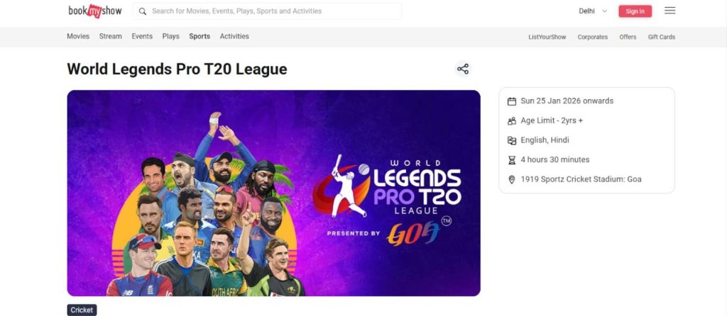 Book Tickets For the Legends Pro T20 League Book Tickets For the Legends Pro T20 League