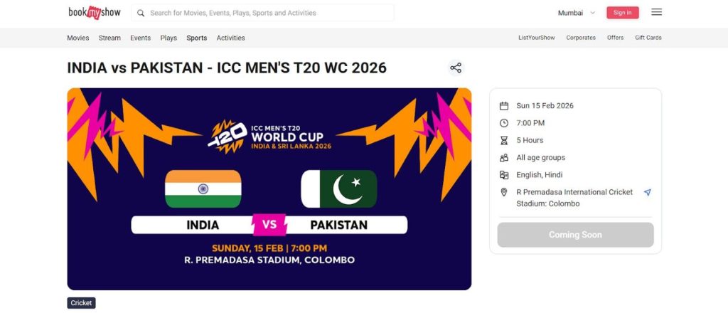 India vs Pakistan T20 WC 2026 Booking Guide India vs Pakistan T20 WC 2026 Booking Guide