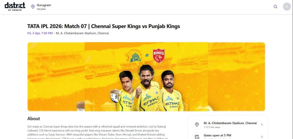 CSK vs PBKS Match 7 Tickets IPL 2026 April 3 CSK vs PBKS Match 7 Tickets IPL 2026 April 3