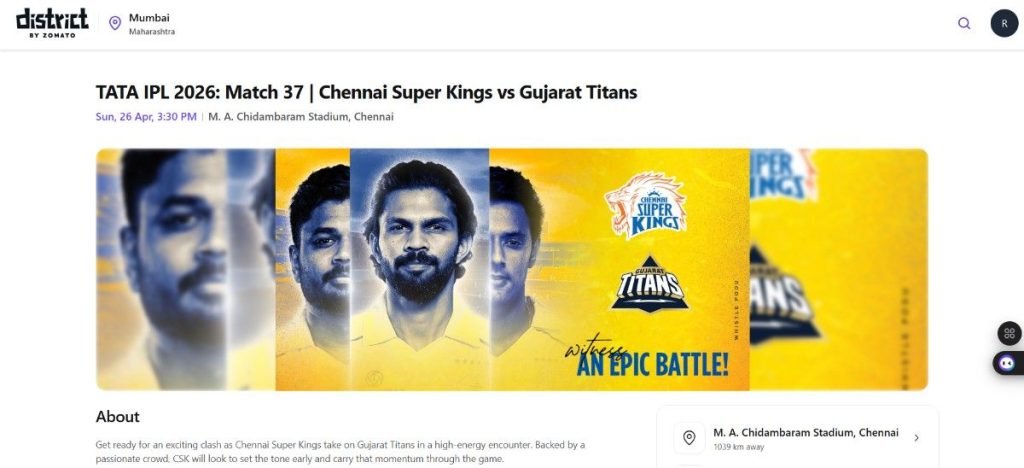 CSK vs GT Tickets Page