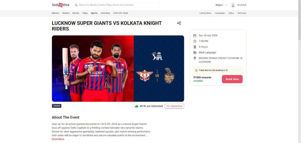 LSG vs KKR Bookmyshow Ticket Page LSG vs KKR Bookmyshow Ticket Page