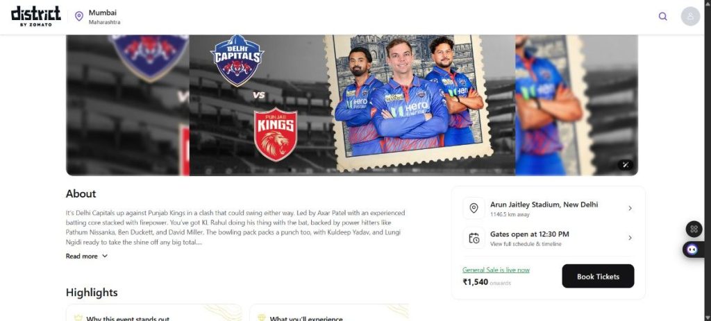 DC vs PBKS Tickets Page DC vs PBKS Tickets Page